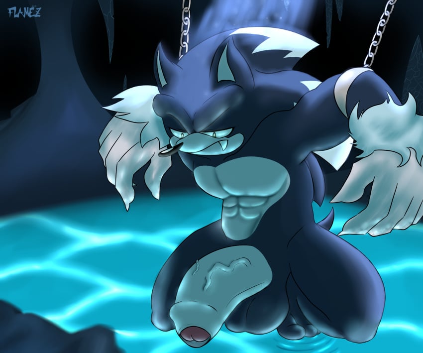 anthro artist_name black_nose blue_fur blue_hair bondage canine cave chained chains flamez foreskin fur green_eyes hedgehog huge_penis hybrid large_penis male male_only mammal muscles muscular muscular_male nude penis retracted_foreskin sega solo sonic_(series) sonic_the_hedgehog sonic_the_werehog sonic_unleashed suspension thick_penis uncut vein veiny_penis watermark werehog wolf