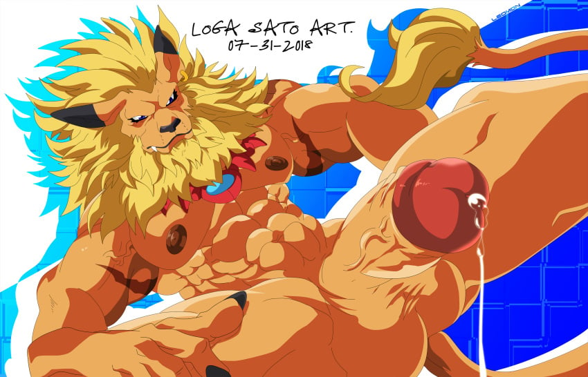 2018 balls blue_eyes claws digimon dripping ear_piercing erection leomon logan_sato male male_only mane muscular nipples penis piercing pointy_ears precum scar solo vein veiny_penis