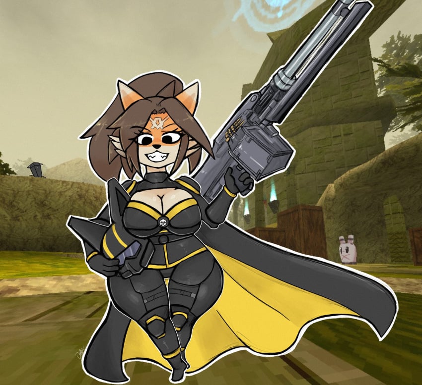 angela_(rose_dax) anthro atlyss boob_window brown_hair grinning gun helldiver helldivers helldivers_2 looking_at_viewer ponytail rose_dax shortstack