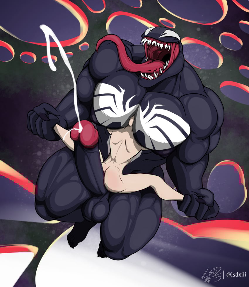 alien alien_humanoid anon ass bald balls big_muscles black_body bodily_fluids cum cumshot digital_media_(artwork) duo ejaculation emblem empty_eyes erection genital_fluids genitals hi_res hot_dogging human humanoid humanoid_genitalia humanoid_penis long_penis long_tongue lsdxiii male male/male mammal marvel moobs muscular nipples not_furry nude open_mouth penis sex sharp_teeth size_difference smile symbiote teeth tongue tongue_out venom_(marvel)