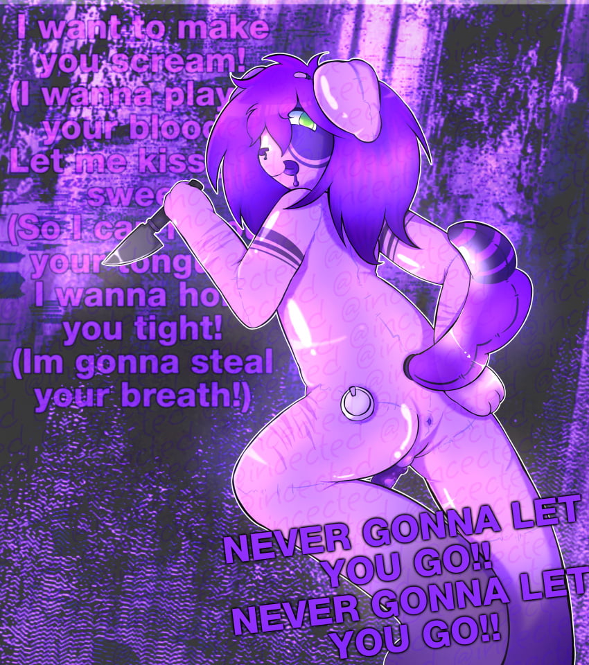 1boy alex_(flicker) anus ass asshole black_hair canine canine_penis dog_ears english_text flicker_(roblox) furry incected knife penis plastic pool_float pool_toy purple_body roblox roblox_game robloxian self_upload selfharm_scars tagme text