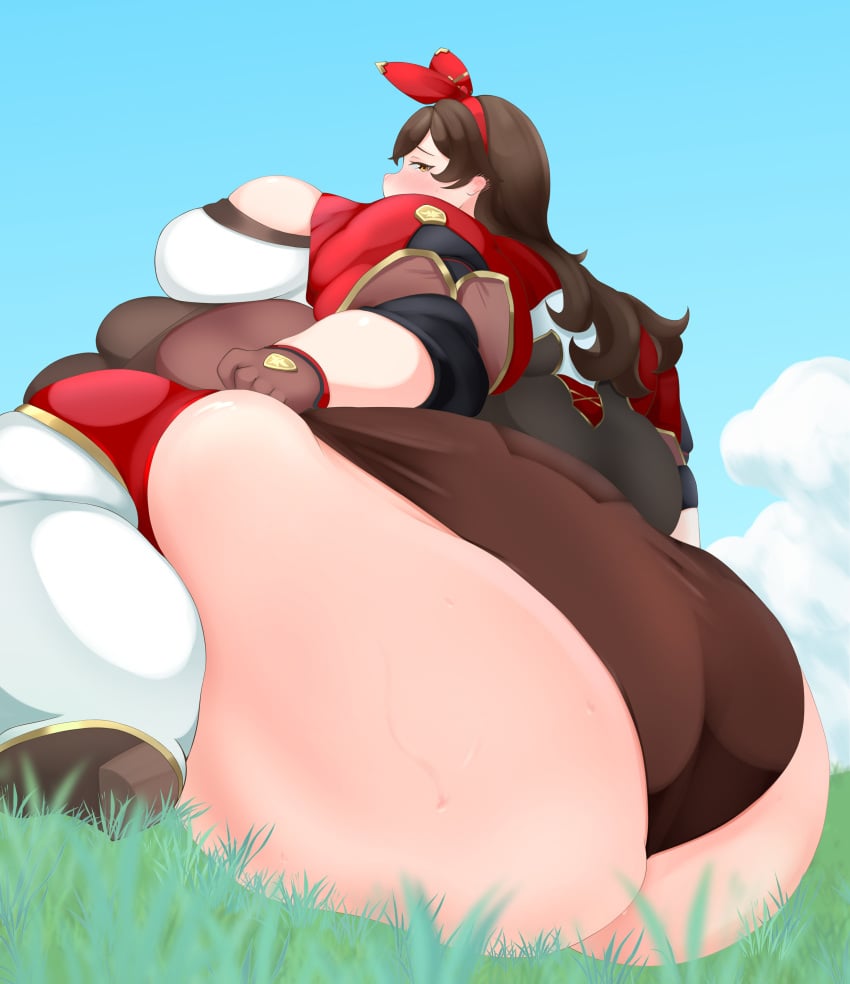 1girls amber_(genshin_impact) ass back_view bbw female female_only fuji-shino genshin_impact gigantic_ass huge_ass human light-skinned_female light_skin mondstadt_girls overweight overweight_female revealing_clothes sitting solo solo_female weight_gain weight_gain_female