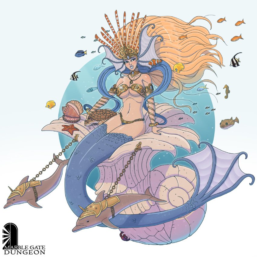 breasts brett_neufeld chariot crown fantasy female fish fish_humanoid fish_tail marble_gate_dungeon mermaid metal_bikini queen shell_chariot underwater
