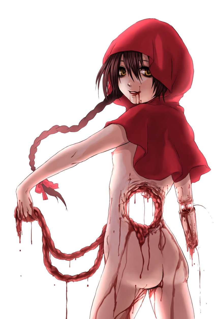 akazukin_(tokyo_akazukin) ass backlighting black_hair bleeding blood braid brown_eyes commentary_request entrails female gore guro highres holding_entrails hole_in_stomach injury long_hair looking_at_viewer looking_back naked_hood organs parted_lips red_hood saitou_nekoichi severed_arm severed_limb smile solo tokyo_akazukin twin_braids