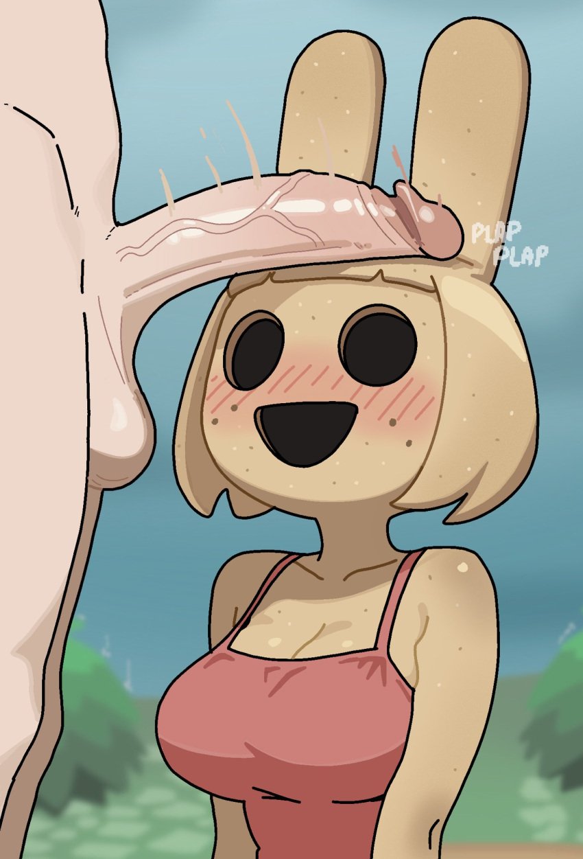 animal_crossing anthro anthro_focus big_penis biped blush breasts brown_body clothing coco_(animal_crossing) duo empty_eyes erection female female_anthro female_focus female_on_human foreskin genitals gyroid healerart hi_res human human_on_anthro humanoid_genitalia humanoid_penis interspecies lagomorph leporid male male/female male_human male_on_anthro mammal nintendo outside penis penis_on_head rabbit retracted_foreskin shirt solo_focus standing tank_top topwear uncircumcised vein veiny_penis villager_(animal_crossing)