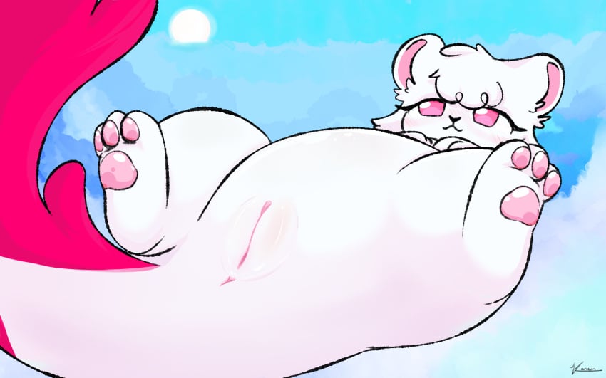 anus blush blush_lines cloud eyelashes female feral genitals hi_res konen mammal mustelid musteline overweight paws pink_eyes plump_labia presenting presenting_pussy pussy signature sky skyscape solo stoat sun true_musteline weasel white_body
