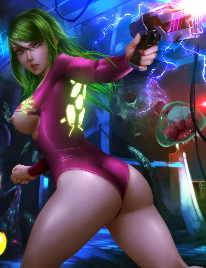 ass blue_eyes firing green_hair gun justin_bailey leotard logan_cure medium_breasts metroid nintendo pinup realistic samus_aran tagme torn_clothes torn_clothing weapon