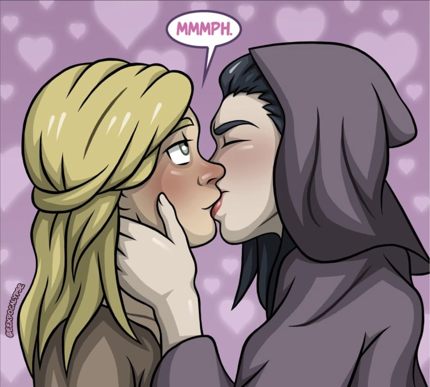 2girls black_hair blonde_hair clothed demetria_(eekpocalypse) duo eekpocalypse fantasy female hood kissing lady_anya lady_anya_(eekpocalypse) yuri