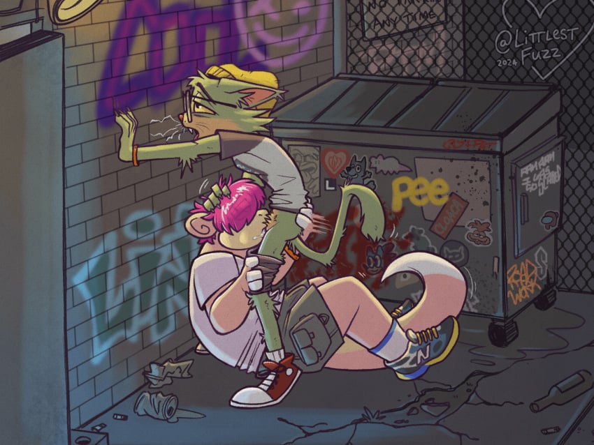 2024 5_fingers against_surface against_wall alley anthro anthro_on_anthro anthro_penetrated anthro_penetrating anthro_penetrating_anthro arm_tuft ass beanie biped bodily_fluids bottomwear bottomwear_down butt_grab chain-link_fence cheek_bulge cheek_tuft chuck_taylor_all_stars claws clothed clothing converse cool_s crotch_tuft deep_throat detailed_background dipstick_tail domestic_cat door dumpster duo elbow_tuft erection erection_under_clothing eyewear face_fucking facial_tuft felid feline felis fence finger_claws fingers footwear freckles fur generation_1_pokemon glasses graffiti graffiti_on_wall green_body green_fur hair hair_over_eyes hand_on_butt hat head_grab headgear headwear hi_res interspecies irrumatio littlestfuzz looking_pleasured male male/male male_penetrated male_penetrating male_penetrating_male mammal markings new_balance night nintendo obscured_eyes open_mouth oral oral_penetration outside_sex overweight overweight_anthro overweight_male partially_clothed penetration penile penis_in_mouth pink_body pink_hair plantigrade pokemon pokemon_(species) public public_sex saliva sex shirt shoes shorts shorts_down sitting skinny_anthro skinny_male slowpoke sneakers sugar_(thesunsugar) t-shirt tail tail_markings tan_body tan_fur tapering_tail teeth tenting thick_tail thrusting tongue tongue_out topwear trash tuft vaz_(capitolcritter) whiskers wristband