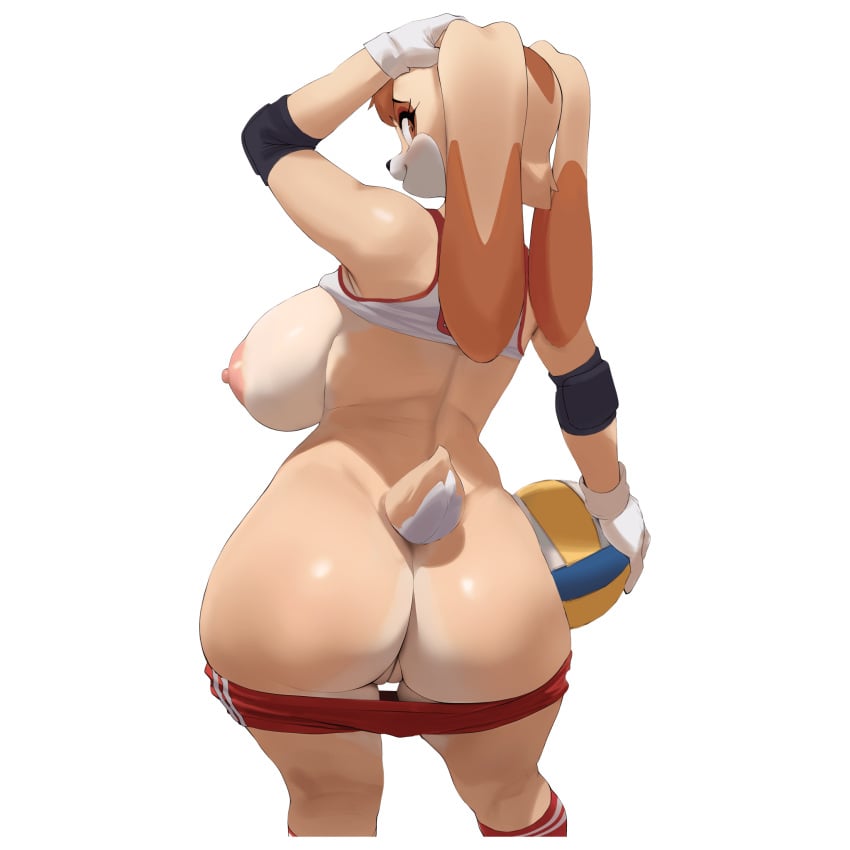 animal_ears arm_up ass bag ball breasts brown_eyes brown_fur buruma buruma_pull cleft_of_venus clothes_lift clothes_pull commentary elbow_pads english_commentary female from_behind furry furry_female gloves hand_on_own_head highres holding holding_bag huge_breasts kneepits looking_at_viewer looking_back nipples puffy_nipples pussy rabbit_ears rabbit_girl rabbit_tail red_buruma red_socks shirt_lift smewed socks solo sonic_(series) sportswear tail tank_top thighs transparent_background vanilla_the_rabbit volleyball_(object) volleyball_uniform white_gloves white_tank_top wide_hips