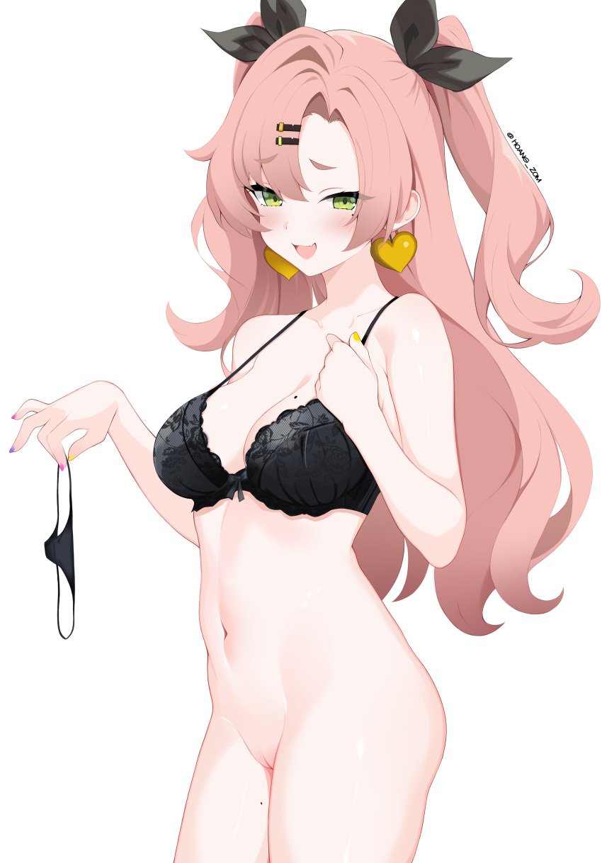 absurdres artist_name bare_shoulders black_bra black_panties black_ribbon blush bottomless bow bow_bra bra breasts collarbone commentary cowboy_shot earrings english_commentary female green_eyes hair_ornament hair_ribbon hairclip hand_up heart heart_earrings highres holding holding_panties holding_underwear holding_unworn_clothes jewelry lace lace_bra large_breasts large_variant_set long_hair looking_at_viewer mole mole_on_breast mole_on_thigh mole_under_eye multicolored_nails multiple_moles nail_polish navel nicole_demara no_shirt open_mouth panties penguin_uwu pink_hair pink_nails purple_nails pussy ribbon simple_background smile solo stomach twintails uncensored underwear unworn_panties variant_set white_background yellow_nails zenless_zone_zero