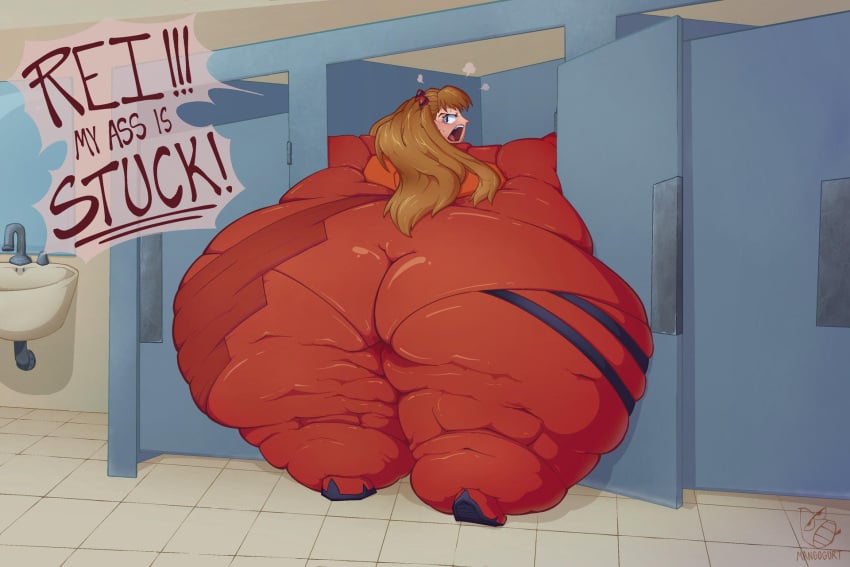 alternate_version_available anger_cloud angry angry_expression angry_face ass ass_focus asuka_langley_sohryu bathroom bathroom_stall butt_focus fat fat_ass fat_girl fat_thighs fat_woman female giant_ass giant_butt looking_over_shoulder mangogurti massive_ass massive_thighs morbidly_obese morbidly_obese_female neon_genesis_evangelion obese obese_female offscreen_character offscreen_female overweight overweight_female rei_ayanami skin_tight skin_tight_suit stall stubby_legs stuck stuck_in_door sweat sweatdrop sweating sweaty talking_to_another talking_to_offscreen text text_bubble yelling yelling_at_another