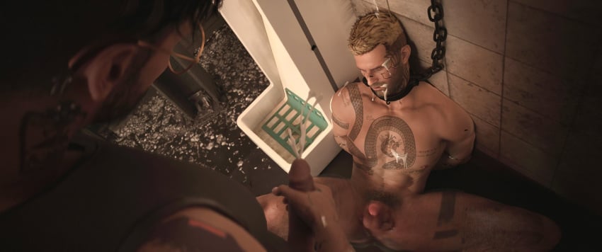 3d 3d_model 3d_render cd_projekt_red cgi chained chained_up collar cum cum_on_face cum_rope cum_ropes cumshot cyberpunk cyberpunk_2077 dog_collar dominated dominated_male domination ejaculating ejaculating_cum ejaculation forced gay gay_male male male/male male_dominating_male male_domination male_only souperman sperm tattoo tattoos urinal v_(cyberpunk_2077)