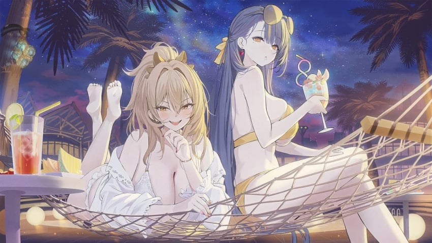 2girls azur_lane bare_shoulders barefoot bikini blonde_hair blue_hair blush breasts cg cleavage crossed_legs cup drink drinking_glass drinking_straw earrings eyewear_on_head feet feet_up female food fruit hair_ribbon holding jewelry large_breasts legs lion_(azur_lane) long_hair looking_at_viewer lying multiple_girls nail_polish night night_sky off_shoulder official_art on_stomach open_mouth outdoors palm_tree ponytail sitting sky smile soles star_(sky) sunglasses swimsuit table the_pose thighs toes trafalgar_(azur_lane) tree white_bikini white_shirt yellow_bikini yellow_eyes