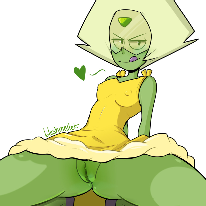 blushmallet breasts cartoon_network cleavage dress erect_nipples female female_focus female_only gem_(species) looking_at_viewer nipples no_panties no_panties_under_dress no_panties_under_skirt pantiless peridot_(steven_universe) pussy solo steven_universe yellow_dress