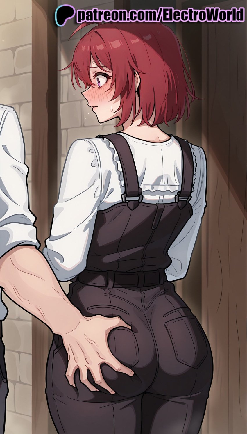 1girls 2025 ai_generated artist_name ass ass_grab blush brick_wall cow_girl_(goblin_slayer) electroworld female goblin_slayer grabbing_another's_ass groping hi_res high_quality high_resolution highres pants patreon patreon_username purple_eyes red_hair short_hair stable_diffusion watermark