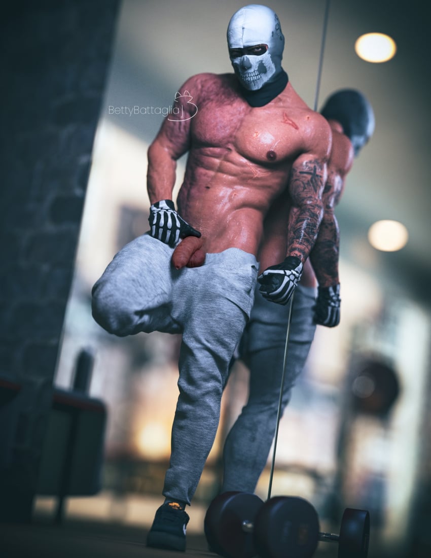 alternate_version_available bara bara_tiddies bara_tits barazoku bettybattaglia biceps boner_in_pants call_of_duty call_of_duty_modern_warfare_2_(2022) daddy eye_contact foreskin_folds gym male_only manly mask masked masked_male mirror mirror_reflection muscular oabs pants_down pecs penis_out pinup presenting_penis revealing_penis shirtless simon_riley solo_male suggestive tattooed_arm tough_guy uncircumcised weightlifting