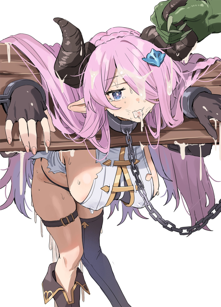 1boy absurdres aochoku big_breasts blue_eyes blush bondage braid breasts captured chains collar cum cum_in_mouth draph facial female femsub granblue_fantasy hair_ornament hair_over_one_eye highres horn horn_grab horned_female horned_humanoid horns large_breasts long_hair narmaya_(granblue_fantasy) pillory pointy_ears sideboob single_thighhigh solo_focus stocks thigh_strap thighhighs