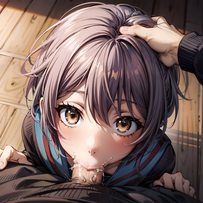 1girls ai_generated arbitrary blowjob cum cum_in_mouth deepthroat face_fucking fellatio female_focus forced_oral hand_on_head head_grab hi_res innocent nagato_yuki oral oral_creampie penis_in_mouth pov pov_eye_contact purple_hair school_uniform short_hair stable_diffusion suzumiya_haruhi_no_yuuutsu teenager throat_fuck tight_throat young