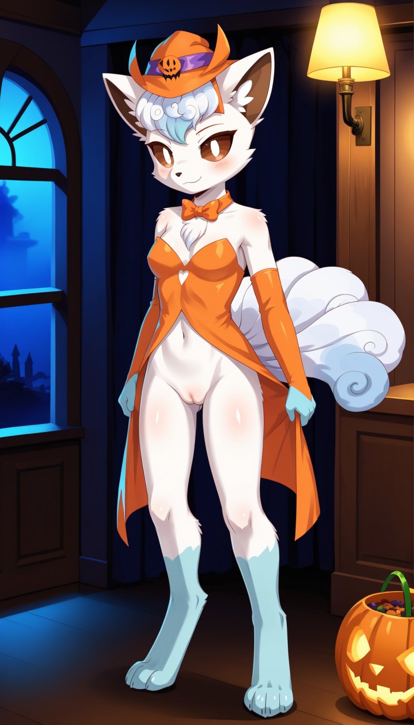 1girls 2024 ai_generated alolan_vulpix anthro blue_fur blushing bottomless bottomless_female brown_eyes clothing_pull digitigrade female female_only halloween halloween_2024 halloween_costume hi_res indoors inner_ear_fluff innie_pussy looking_at_viewer multiple_tails night nintendo pokemon pokemon_(species) pumpkin_basket pussy regional_form_(pokemon) smile tails vulpix white_fur