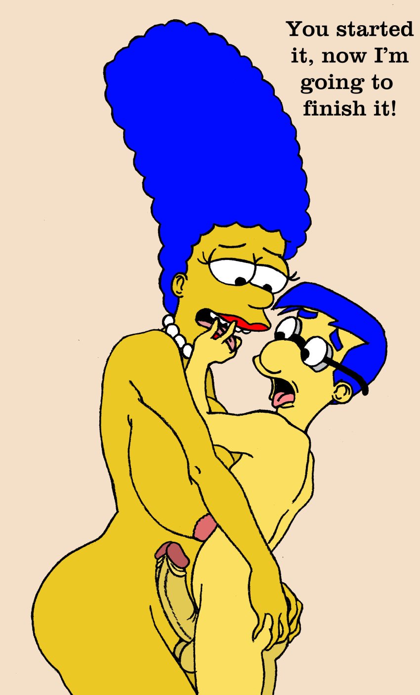 1boy1girl 20th_century_fox 20th_century_studios bimbofied blue_hair cheating_wife glasses imminent_sex large_ass large_breasts marge_simpson milhouse_van_houten older_woman_and_younger_boy pearl_necklace red_lipstick sbb text the_simpsons yellow_body