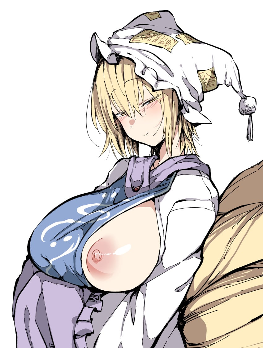 absurdres animal_hat bad_id bad_pixiv_id blonde_hair blush breasts dress female fox_tail hair_between_eyes hat head_tilt highres kz_oji large_areolae large_breasts long_sleeves looking_at_viewer mature_female milf mob_cap multiple_tails nipples one_breast_out ran_yakumo revealing_breasts short_hair simple_background smile solo tabard tails touhou upper_body white_background white_dress white_headwear wide_sleeves yakumo_ran yellow_eyes