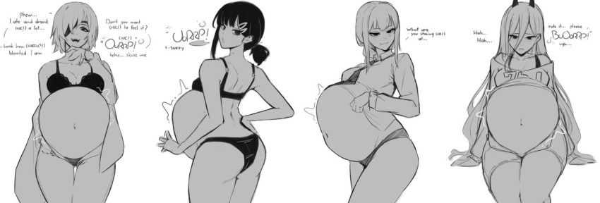 belly_expansion bloat bloated bloated_belly bloated_stomach bloated_tummy bloating burp burping chainsaw_man elpacha2 fat fat_woman female female_only higashiyama_kobeni himeno_(chainsaw_man) makima_(chainsaw_man) monochrome multiple_girls power_(chainsaw_man) stuffed_belly