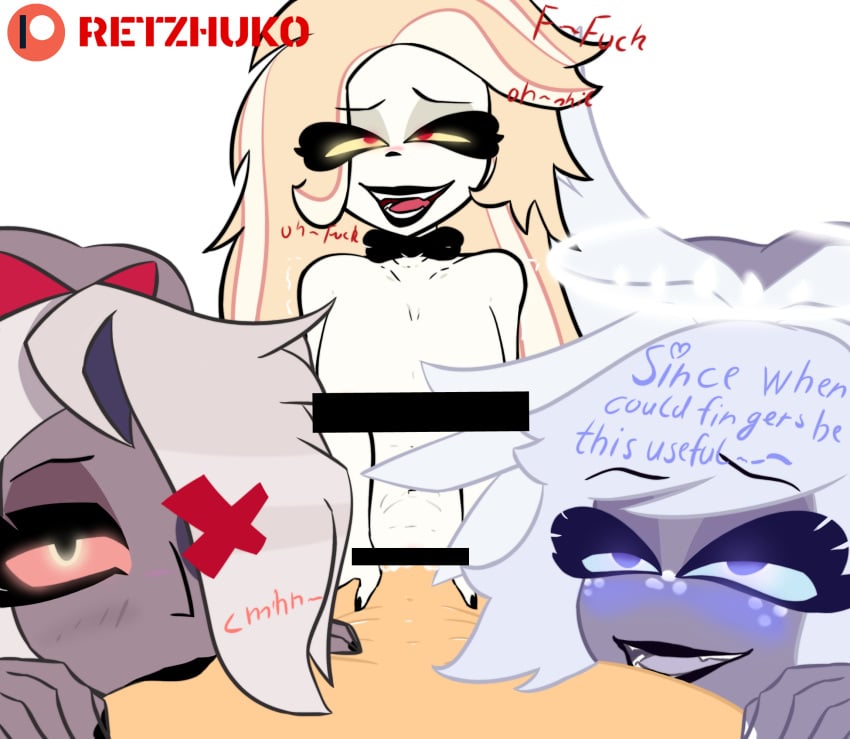 1boy 3girls accurate_art_style angel black_bar_censoring blonde_hair blue_eyes censor_bar censored charlie_morningstar_(hazbin_hotel) cowgirl_position demon demon_girl emily_(hazbin_hotel) female fffm_foursome foursome grey_skin grin grinning_at_viewer hair_over_one_eye hazbin_hotel male male_pov nipple_suck pov pov_crotch pov_eye_contact pov_male red_eyes retzhuko_(artist) smile text transparent_background transparent_png vaggie_(hazbin_hotel) white_hair white_skin