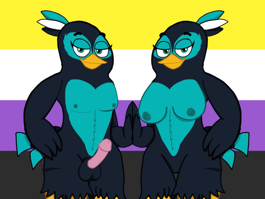 1boy 1girls angry_birds angry_birds_2 breasts erect_penis jo_(angry_birds) mirror_reflection non_binary_flag rovio sauceycraft sega