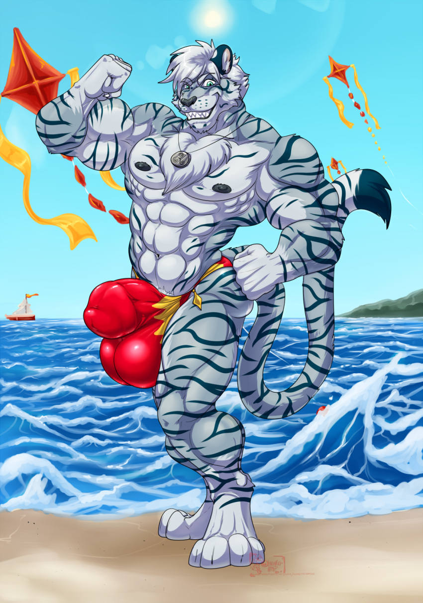 2018 4_toes 5_fingers abs anthro balls barely_contained beach biceps big_balls big_penis black_nose blue_eyes blue_skin body_hair bulge chest_hair clothing day digitigrade feline fist flexing fur gloves_(marking) grey_fur grey_skin grin hair hand_on_hip huge_cock humanoid_penis hungothenomster jewelry male male_only mammal markings multicolored_fur multicolored_skin muscular muscular_male muscular_thighs necklace nipples penis penis_outline penis_shaped_bulge sea seaside sharp_teeth sky smile solo standing stripes swimsuit teeth thick_penis tiger tight_underwear toes two_tone_fur two_tone_skin underwear water white_fur white_hair white_skin white_tiger