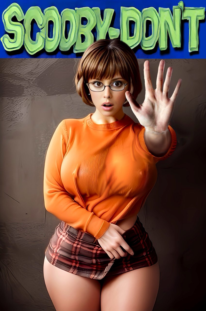 ai_generated big_breasts bobbed_hair glasses nipples_visible_through_clothing no_bra no_bra_under_clothes non-consensual orange_sweater scooby-doo tagme velma_dinkley