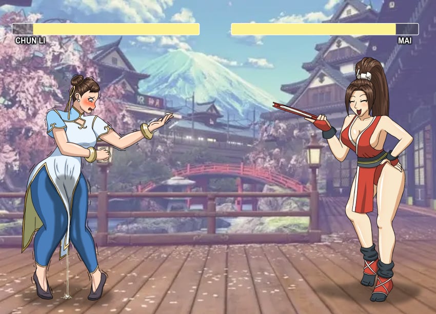 2girls blush chun-li crossover fatal_fury female female_only fight getting_laughed_at have_to_pee human king_of_fighters laughing_at mai_shiranui multiple_girls nervous omorashi papergami peeing peeing_self shaking street_fighter street_fighter_6 urinating_female urination urine urine_on_ground urine_on_legs urine_pool urine_stream wetting wetting_self