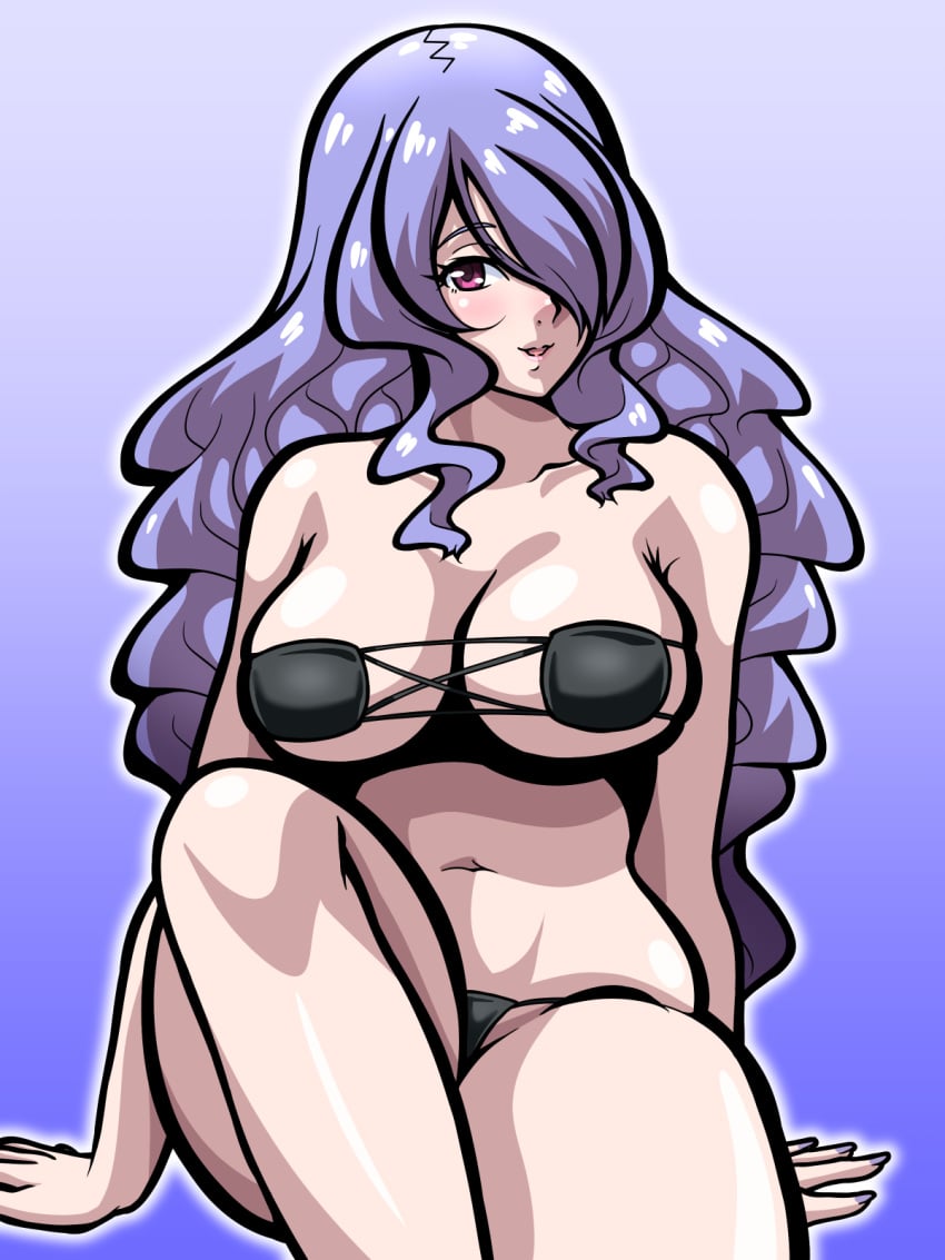 1girls alternate_costume bare_thighs bikini black_bikini black_swimsuit breasts camilla_(fire_emblem) cleavage female female_only fire_emblem fire_emblem_fates gradient_background hair_over_one_eye inabakun00 large_breasts long_hair looking_at_viewer nintendo pink_eyes purple_background purple_hair sitting smile solo swimsuit thick_thighs thighs underboob very_long_hair