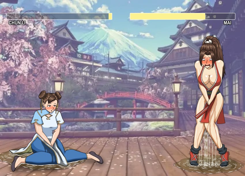 2girls blush chun-li crossover fatal_fury female female_only fight have_to_pee human king_of_fighters mai_shiranui multiple_girls nervous omorashi papergami peeing peeing_self peeing_together shaking sitting sitting_in_urine street_fighter street_fighter_6 urinating_female urination urine urine_on_ground urine_on_legs urine_pool urine_stream wetting wetting_self