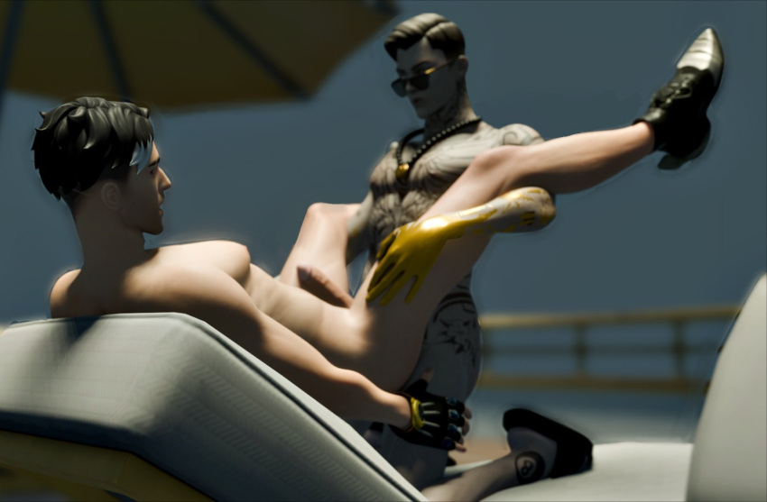 beach black_hair consensual fortnite gay gloves gold_hands holding_legs_up legs_up lying_down male/male male_penetrating_male midas_(fortnite) montague_(fortnite) necklace pale_skin reclining shoes_on sunglasses tattoo white_skin