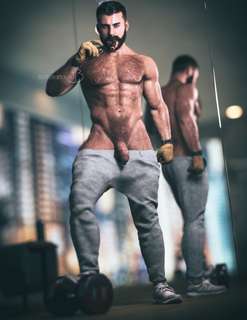 3d_model abs absurd_res alternate_version_available bara bara_tiddies bara_tits barazoku beard bettybattaglia call_of_duty call_of_duty_modern_warfare_2_(2022) cigar daddy dilf erection foreskin_folds gym hairy_chest highres john_price male_only manly mirror mirror_reflection muscles muscular mutton_chops pants_down pants_pulled_down penis pinup presenting_penis tough_guy weights