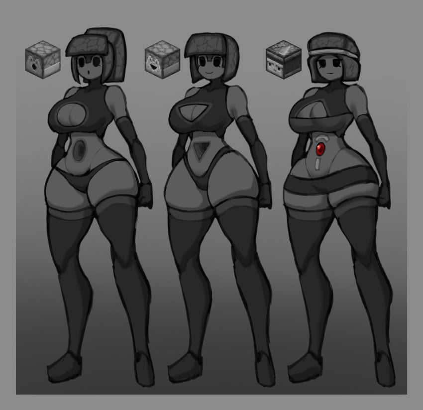 3girls big_breasts breasts dispenser_(minecraft) dropper_(minecraft) female female_only gloves headband humanoid humanoid_robot minecraft minecraft_anthro_block mob_face observer_(minecraft) redstone revealing_clothes robot robot_girl thick_thighs thighhighs zzzhodazzz