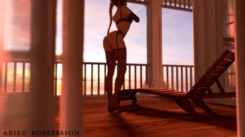 aerith_gainsborough ariespossession ass_focus blender_(software) blender_cycles blue_eyes brown_hair female female_only final_fantasy final_fantasy_vii garter_belt garter_straps lace-trimmed_bra lace-trimmed_thighhighs lingerie long_hair long_legs petite petite_body petite_breasts petite_female posing sunset