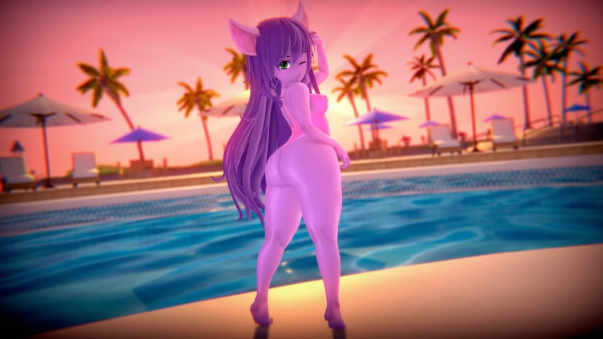 3d ass ass_focus beach cat_ears green_eyes hips koikatsu league_of_legends long_hair looking_at_viewer looking_back lulu_the_fae_sorceress nipple_bulge non-human one_eye_closed pool purple_hair purple_skin shiftnoid_(artist) smile standing_on_tip_toes swimsuit thick_thighs thong_leotard wink yordle