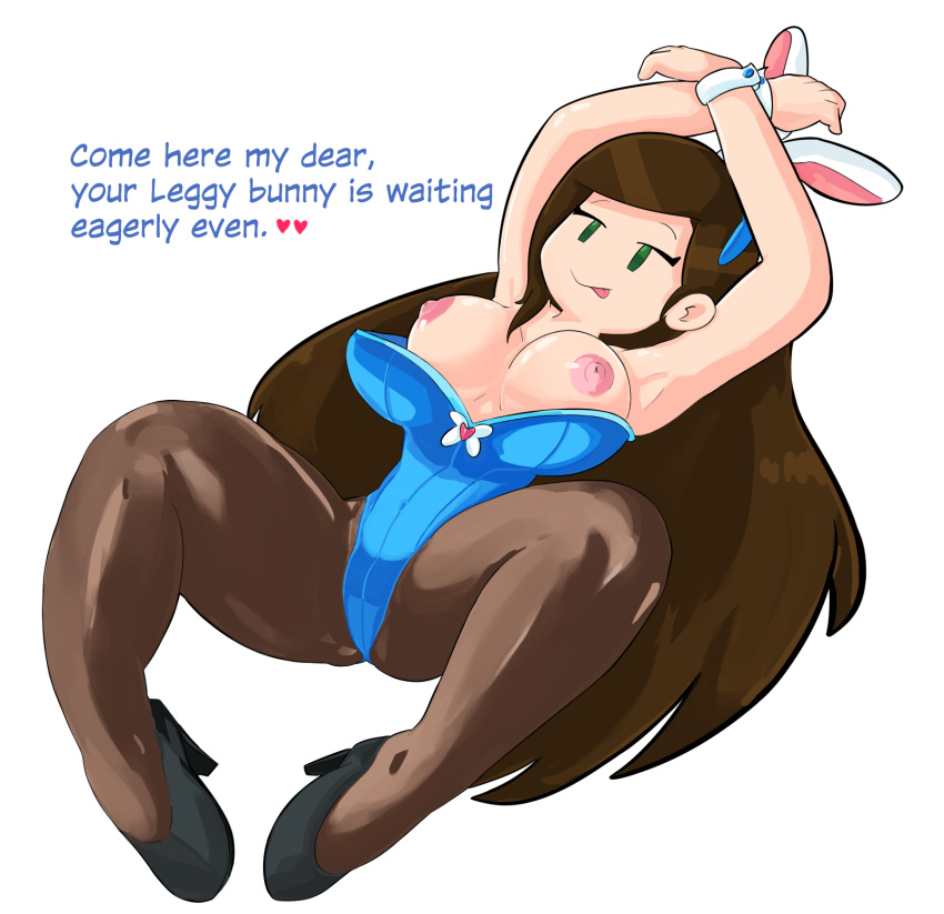 1girls areolae armpits big_breasts breasts breasts_out brickshoes brown_hair bunny_ears bunnysuit clothed fake_ears female female_only green_eyes human long_hair nipples on_back original_character pantyhose shadowleggy shoes source_request spread_legs text tongue white_background