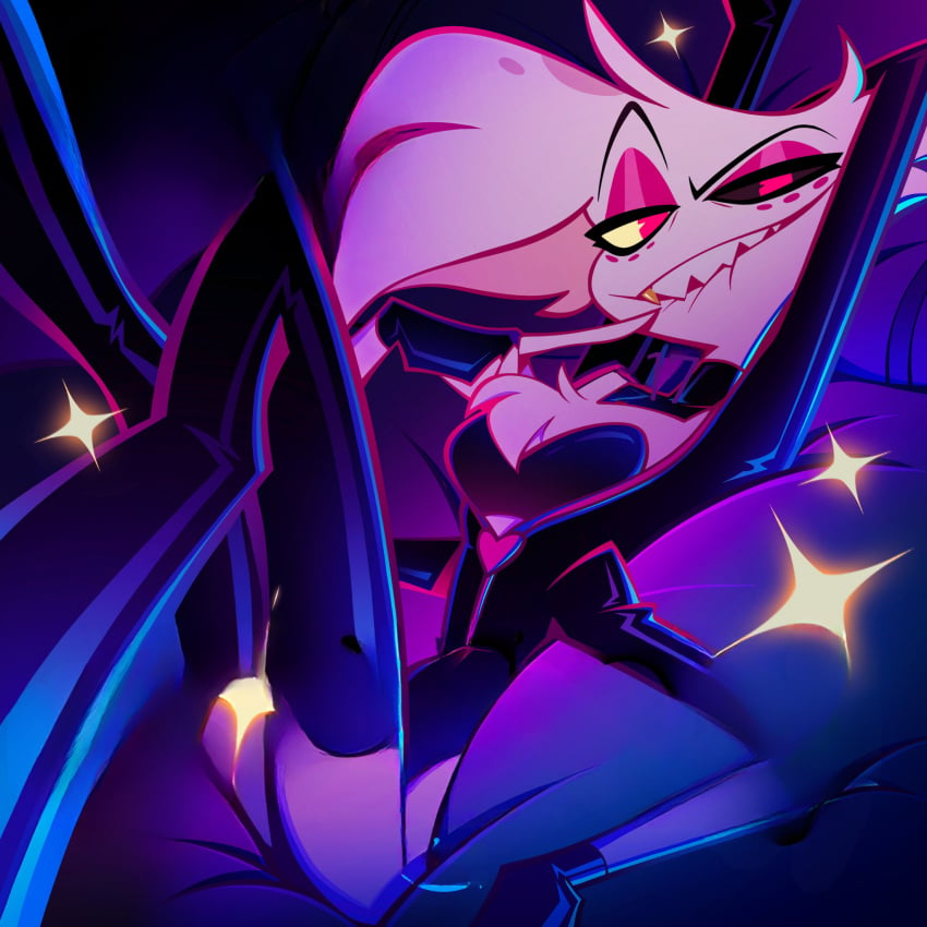 1boy ai_edit angel_dust_(hazbin_hotel) biting_lip black_outfit breasts edit femboy finger_on_mouth gay_male girly gold_tooth hazbin_hotel latex no_humans not_porn official_art seductive_look seductive_pose sfw solo solo_male spider