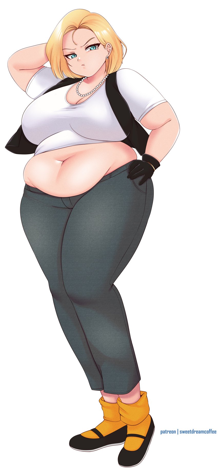 android_18 bbw belly_overhang big_belly big_female blonde_hair chubby chubby_female dragon_ball dragon_ball_z embarrassed fat fat_arms fat_female fat_fetish fat_girl fat_woman fatty flats large_female obese obese_female overweight overweight_female plump pork_chop pout pouting short_hair sweetdreamcoffe thick_thighs tubby weight_gain