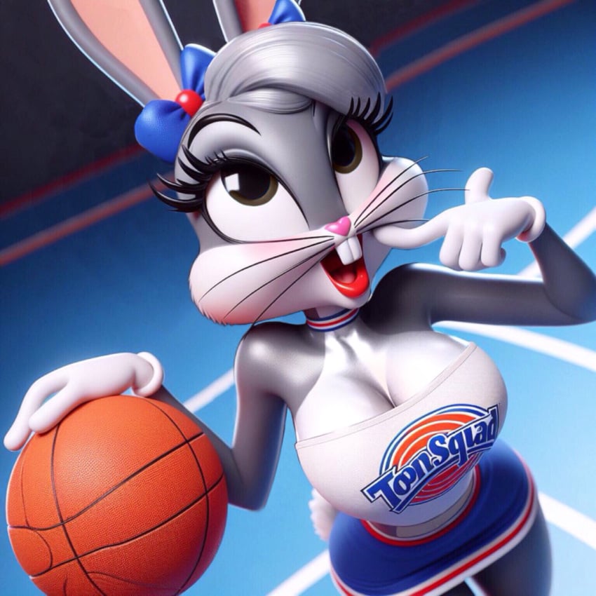 after_transformation ai_generated basketball basketball_uniform big_breasts bimbofication bugs_bunny cheerleader cheerleader_uniform edited looking_up looney_tunes mtf_transformation rule_63 space_jam