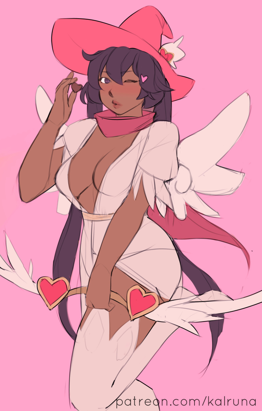 ;o bare_thighs blowing_kiss boots bow_(weapon) breasts chocolate cleavage cygames dark-skinned_female dark_skin dragalia_lost hat heart high_heels kalruna leg_up long_hair malora medium_breasts nintendo one_eye_closed open_clothes pink_background purple_eyes purple_hair revealing_clothes thigh_boots thighs twintails very_long_hair weapon wings wink