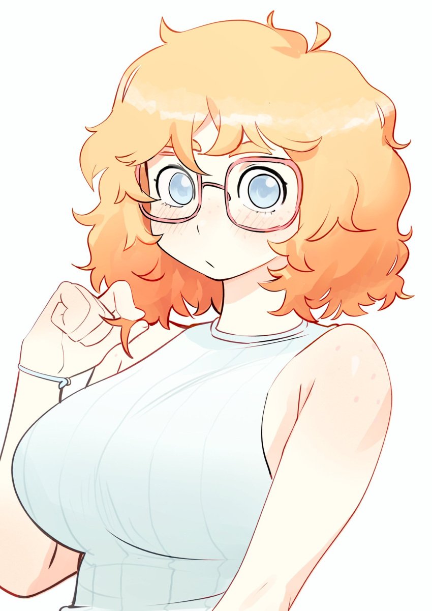 1girls alternate_hairstyle blush bracelet colo curly_hair female_focus freckles glasses hand_on_hair looking_at_viewer original rita_(colo) sleeveless sleeveless_shirt solo solo_female solo_focus sweet_hex thick_eyebrows white_background