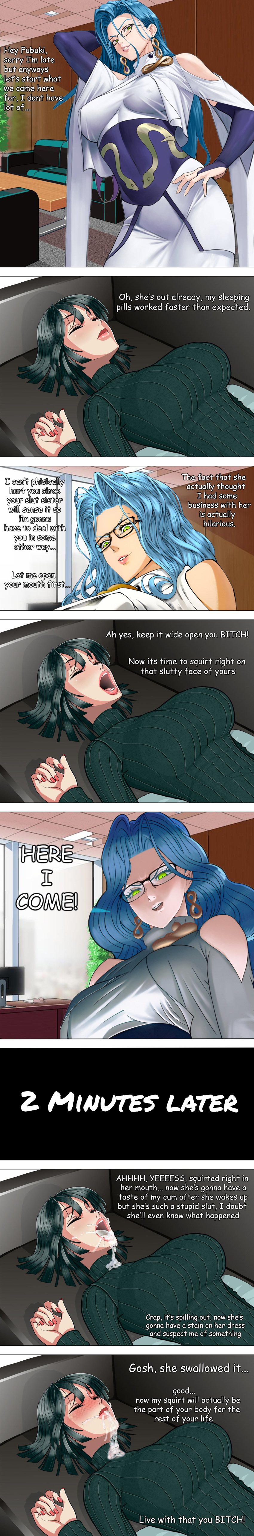 blue_hair bondage breasts drugged evil evil_grin fubuki_(one-punch_man) glasses green_clothing green_eyes green_hair huge_breasts mouth_rape one-punch_man open_mouth psykos rape revenge revenge_sex sleep_molestation sleeping squirt_on_face squirting squirting_on_person swallowing tongue unconscious villainess yuri