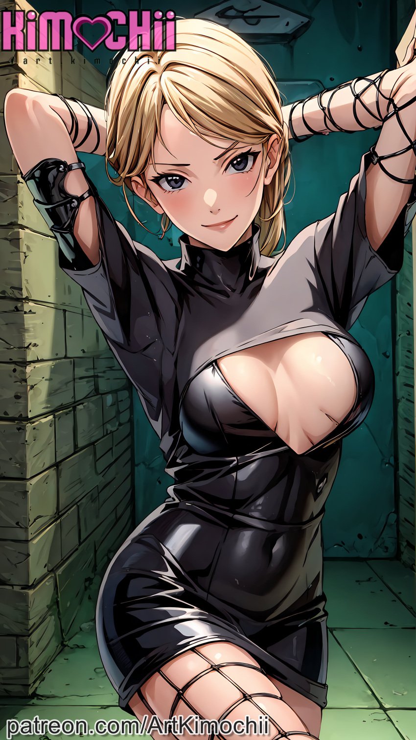 1girls ai_generated arms_behind_head arms_up artkimochii bare_chest bare_thighs black_eyes blonde_hair blush center_opening cleavage crop_top curvaceous dress female female_only fishnet_stockings fishnets leather leather_clothing light-skinned_female light_skin lipstick makeup mature mature_female nai_diffusion naruto naruto_(series) naruto_shippuden nii_yugito no_bra no_bra_under_clothes patreon_username pinup pose posing revealing_clothes short_hair skimpy skimpy_clothes smile solo solo_focus stable_diffusion standing stockings thick_thighs thighs url watermark web_address wide_hips