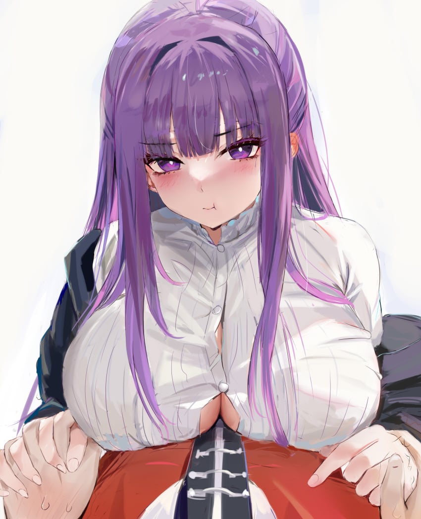 1boy 1girls :t absurdres black_bra black_robe blunt_bangs blush bra breasts bright_pupils bursting_breasts cleavage closed_mouth dress female fern_(sousou_no_frieren) finger_to_another's_chest highres holding_hands interlocked_fingers large_breasts looking_at_viewer lshiki pout pouting pov pov_hands purple_eyes purple_hair revision robe sidelocks sousou_no_frieren stark_(sousou_no_frieren) straight sweatdrop underwear voluptuous white_dress white_pupils