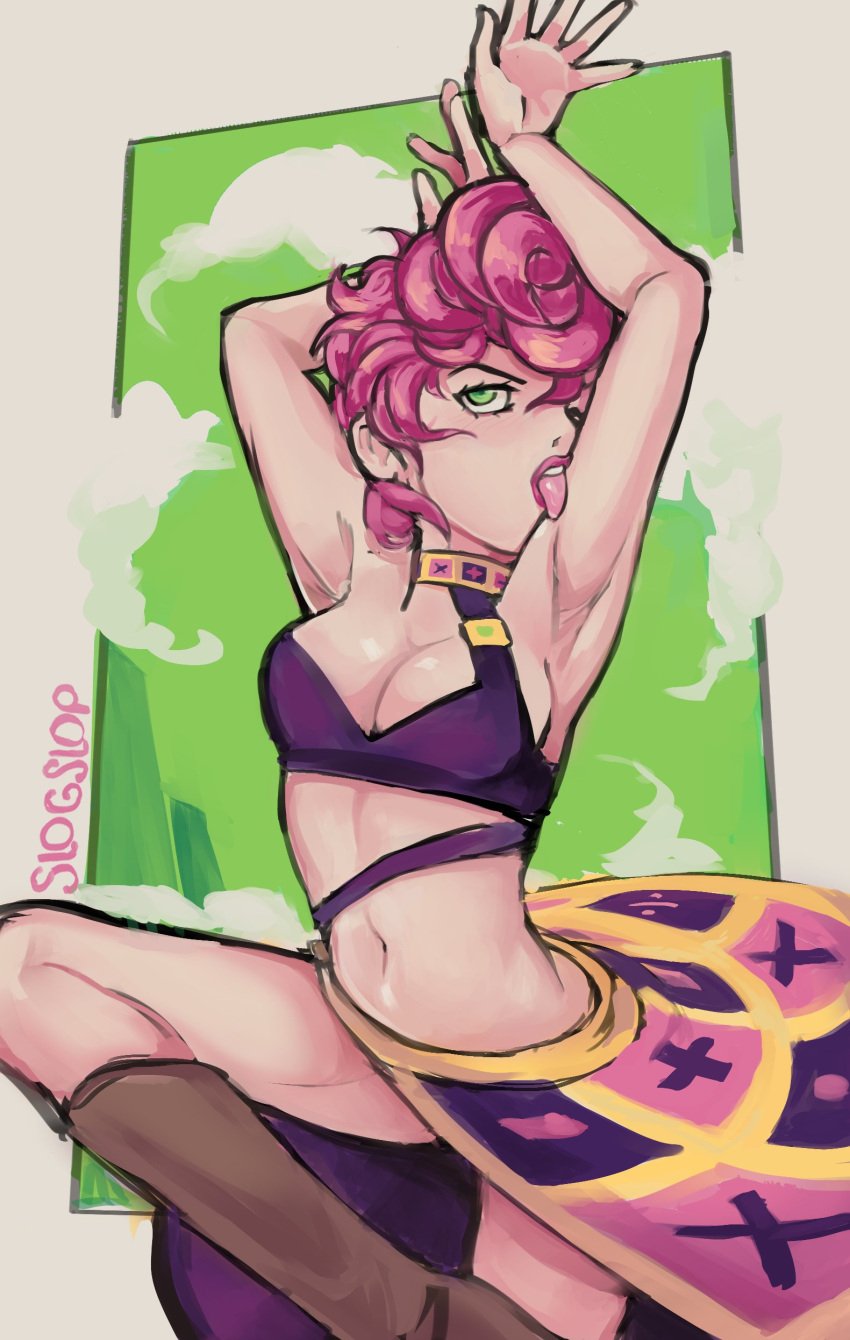 armpits arms_up choker female female_only green_eyes jojo's_bizarre_adventure jojo_reference licking long_skirt perky_breasts pink_hair pose slogslop solo solo_female trish_una vento_aureo