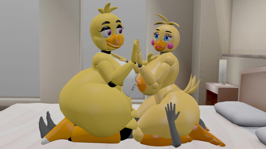 anonymous_artist anonymous_character anonymous_male chica_(fnaf) facesitting five_nights_at_freddy's fnaf fnaf2 holding_hands human runaboo_chica toy_chica_(fnaf)